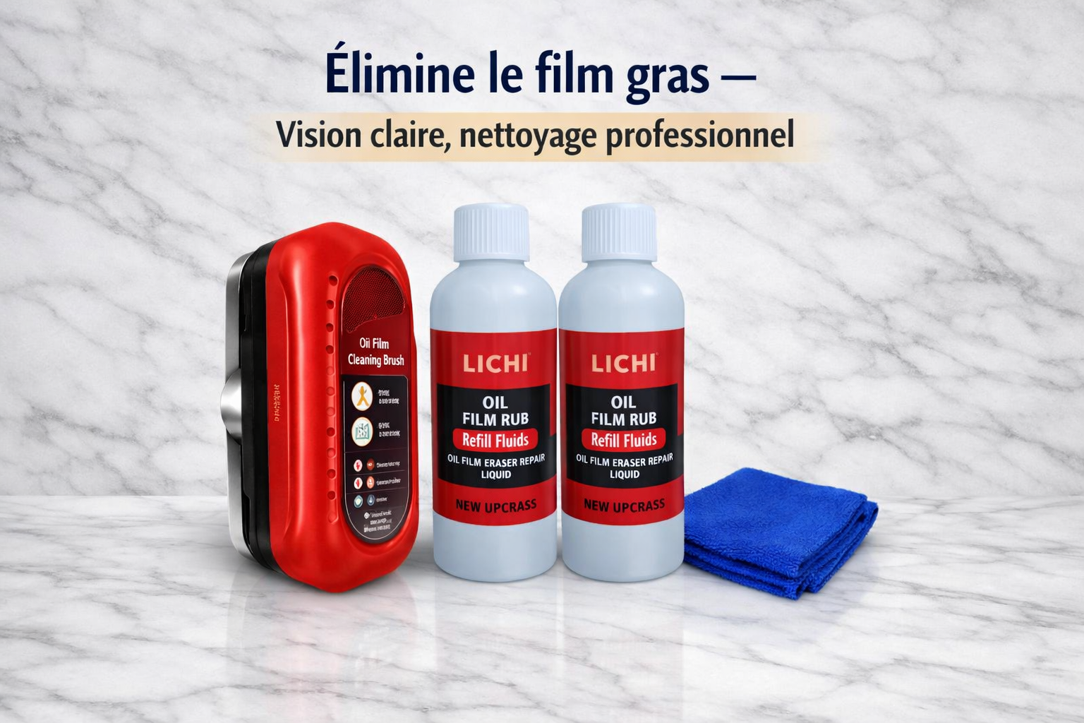 Élimine le film gras – Nettoyant anti‑buée