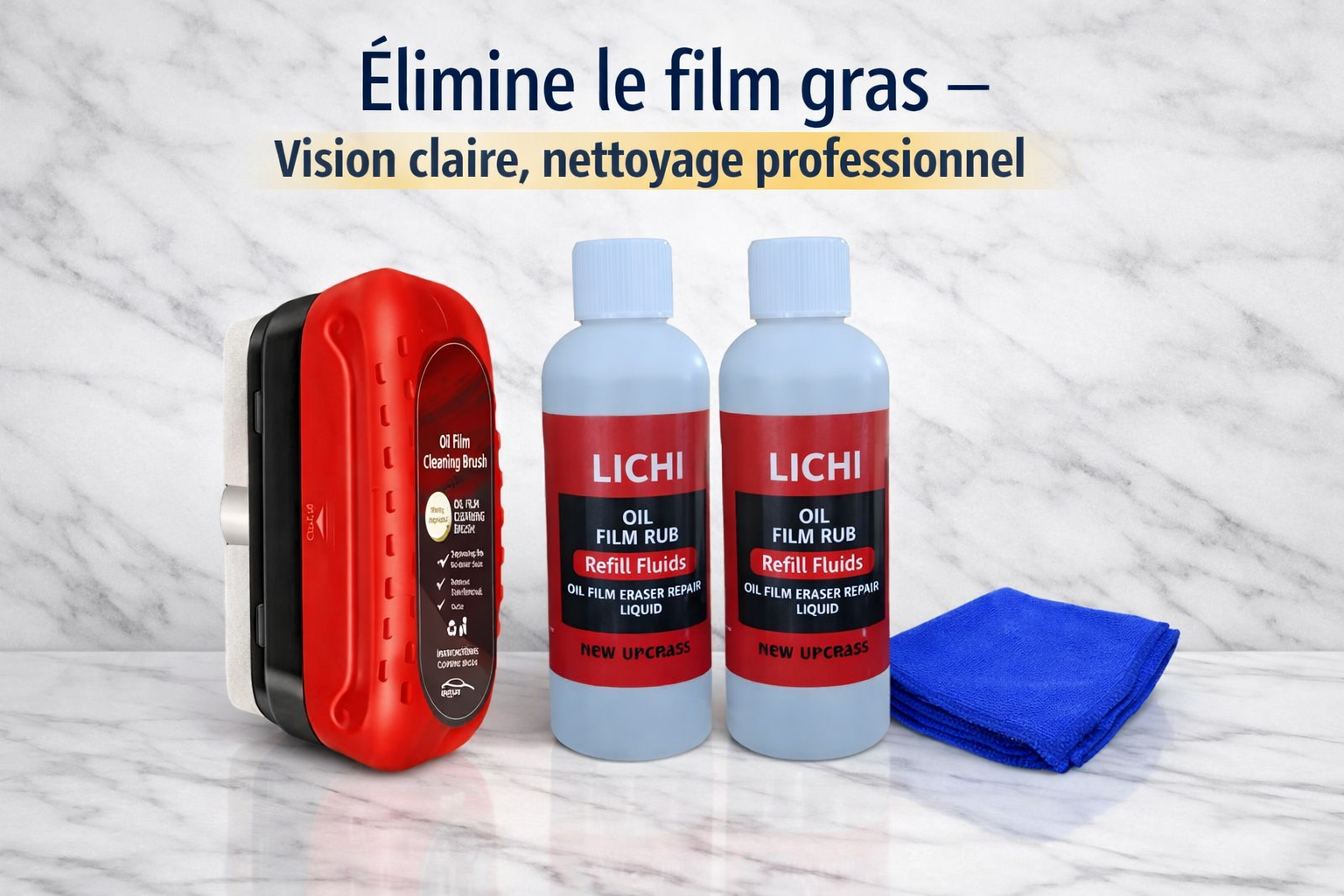 Élimine le film gras – Nettoyant anti‑buée